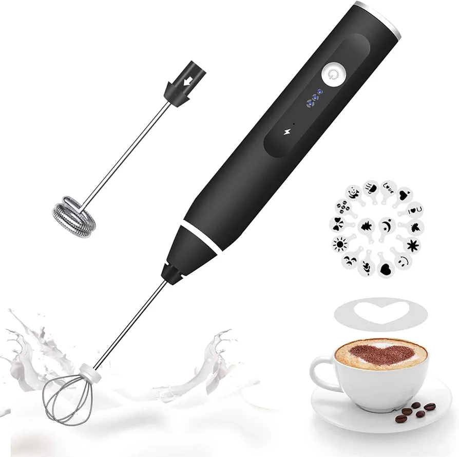Milk Frother Handheld, Gbivbe Rechargeable Whisk Drink Mixer for Coffee with Art Stencils, Mini Foamer for Cappuccino, Hot Chocolate Match, Frappe, Hot Chocolate, Egg Whisk