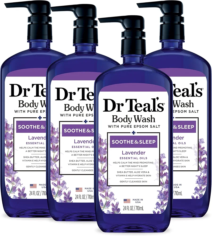 Dr Teal's Body Wash with Pure Epsom Salt, Soothe & Sleep with Lavender, 24 fl oz (Pack of 4) (Packaging May Vary)