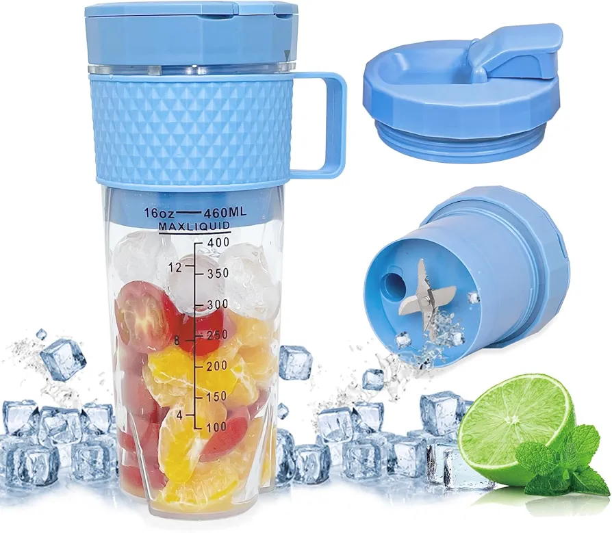 Portable Blender with Leakproof Lid for Shakes and Smoothies, 16 Oz Rechargeable Type-C Personal Mini Cordless with Ultra Sharp 6 Stainless Steel Blades for Traveling Outdoor Gym Office Blue