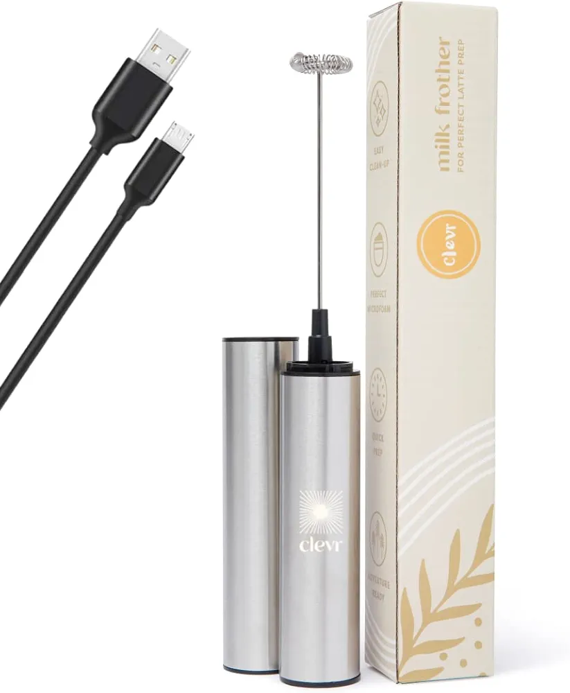 Clevr Blends Milk Frother, Hand Stirrer for Coffee, Matcha, Hot Chocolate, Protein Shake, Latte, Tea, Stainless Steel Rechargeable Handheld Whisk, Fast and Easy Frothing Wand, No Battery Needed