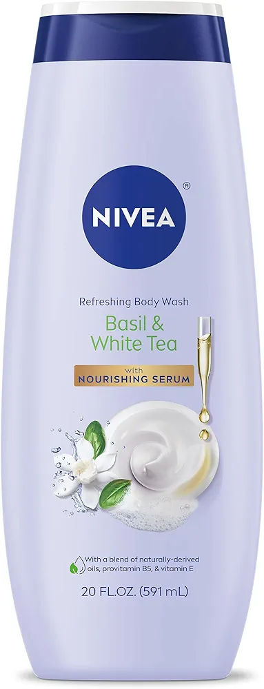 NIVEA Refreshing Basil and White Tea Refreshing Body Wash, Scented Body Wash with Nourishing Serum, Plant-Derived Oils, Essential Skin Lipids and Vitamins, 20 Fl Oz Bottle