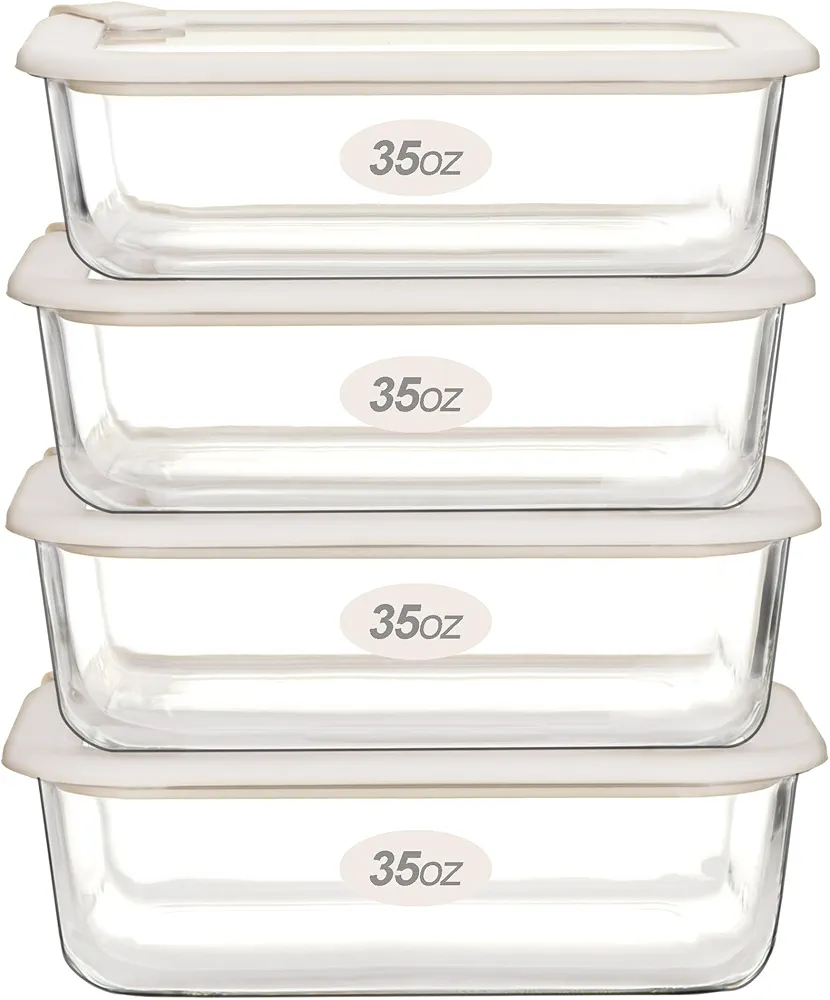 Urban Green Glass Food Storage Containers with Glass Lids, Microwave Safe Glass Food Container Set, Airtight Glass Food Container Set, LeakProof, 100% Plastic Free, White Color, 4pack