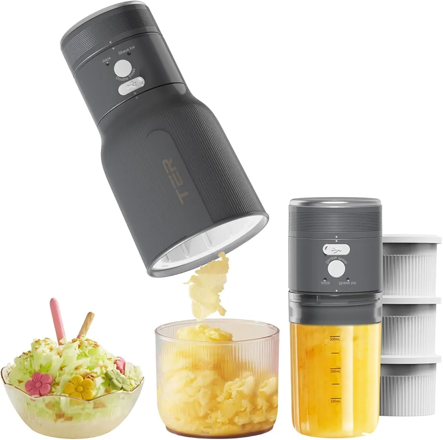 TER Shaved Ice Machine & Juice Blender 2 in 1, Snow Cone Machine Ice Shaver Machine, Portable Blender for Shakes and Smoothies, Cordless Electric, Rechargeable, BPA Free, Black