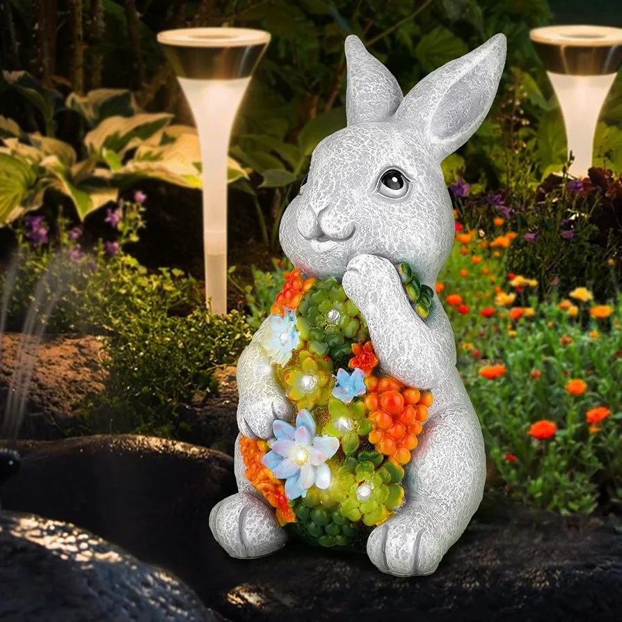 Solar Garden Outdoor Statues Rabbit-Lawn Outdoor Decor Rabbit Statue Figurine Light for Patio Balcony Yard Ornament Easter Gifts (Rabbit Shape)