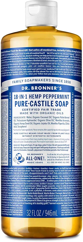 Dr. Bronner's Pure-Castile Liquid Soap- Made with Regenerative Organic Certified Oils- 18-in-1 Uses for Face, Body, Hand, Hair, Laundry & More- Vegan, Non-GMO- All Natural Body Wash- Peppermint,32oz