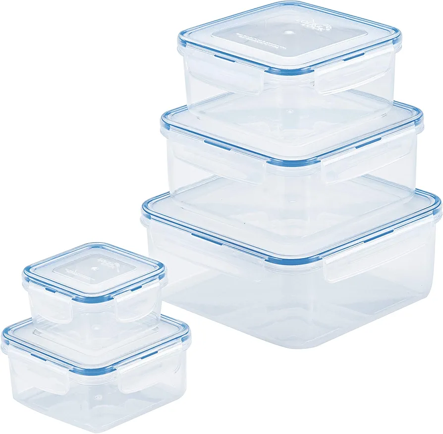 LOCK & LOCK Easy Essentials Food Storage lids/Airtight containers, BPA Free, 10 Piece - Square, Clear