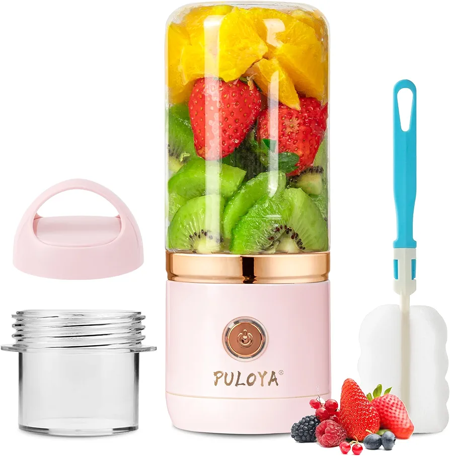 Portable Blender with Travel Cup, Cordless Rechargeable BPA Free14 Oz PULOYA Personal Juicer for Smoothies and Shakes, Pink