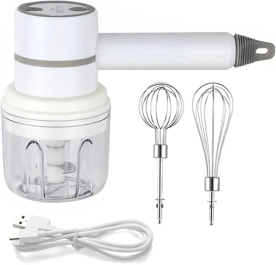 Hand Mixer Cordless Electric Blender With 3 Attachments Portable Multi-Purpose Food Beater For Mixing Eggs, Whipping Cream, Chopping Garlic (White)